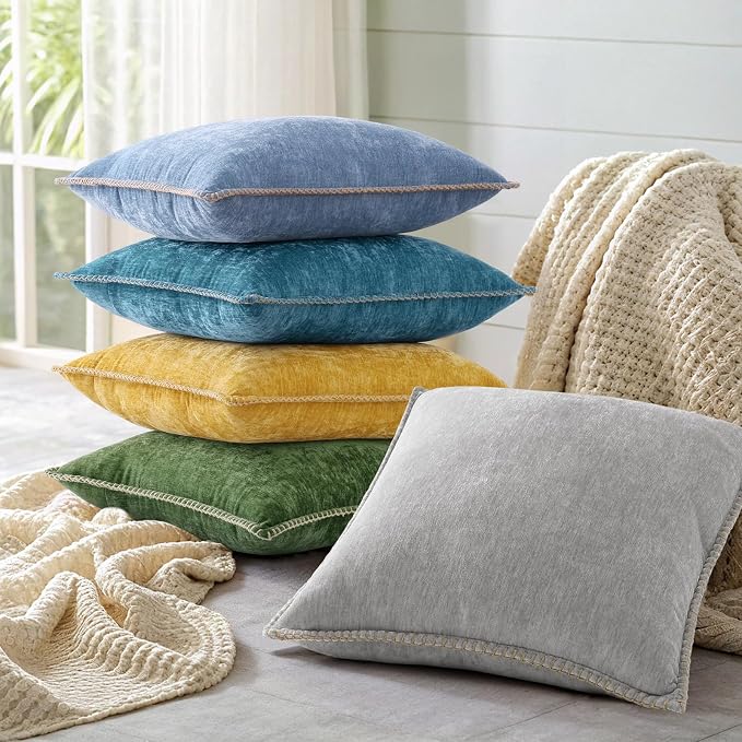 decorUhome Soft Chenille Throw Pillow Covers 26x26 Set of 2 Teal | Fall Textured Decorative Throw Pillow Cases Stitched Edge Modern Farmhouse Luxury Boho Velvet for Couch Sofa Bed Home Decor