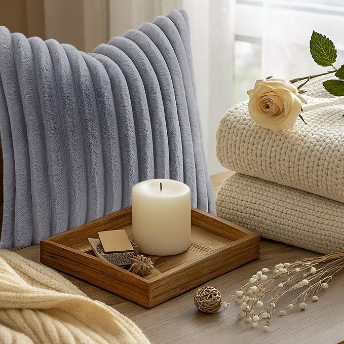 decorUhome Fall Faux Fur Throw Pillow Covers 20x20 Set of 2 Grey | Decorative Soft Cozy Striped Plush Modern Farmhouse Boho Couch Pillow Cases Velvet Back for Sofa Bed Living Room Home Decor