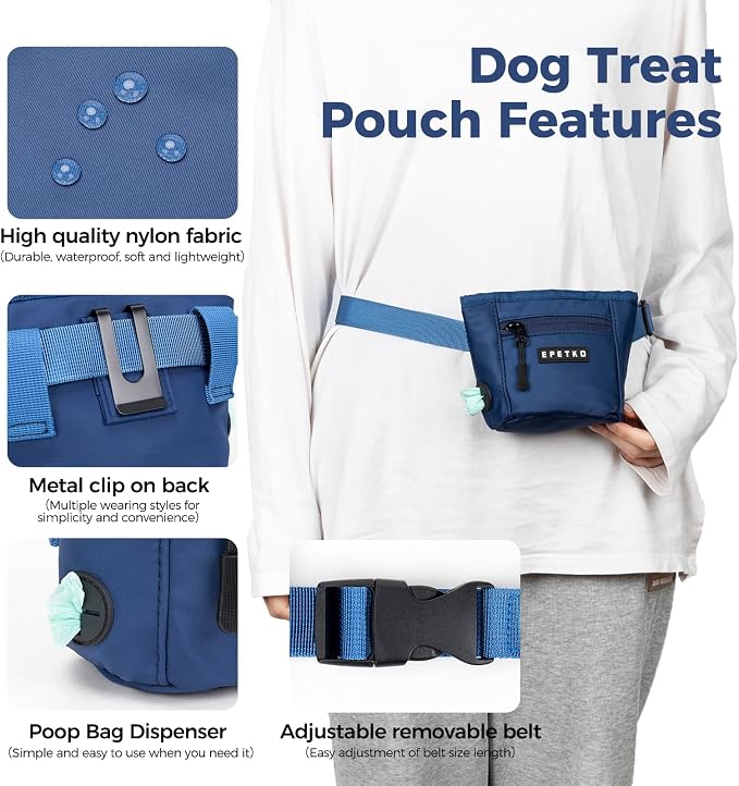Dog Treat Pouch, Powerful Magnet Closure Device Dog Training Treat Bag Large Capacity Pet Treat Pouch with Poop Bag Dispenser Treat Bag for Dog Training with Metal Waistband Clip (Deep Blue)