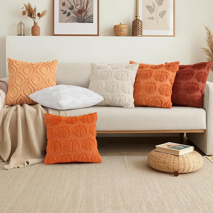 decorUhome Faux Fur Plush Light Orange Throw Pillow Covers 22x22 Set of 2 | Plush Solid Fall Couch Pillow Covers, Accent Modern Farmhouse Neutral Decorative Square Pillow Cases for Sofa Bed Living Room