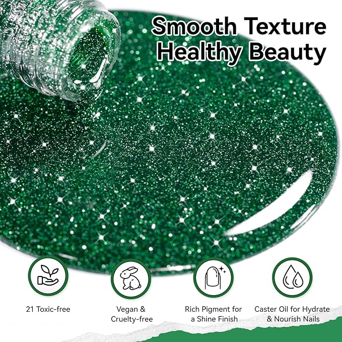 Nail Polish Glitter Green Regular Nail Polish Non-gel, Quick Air Dry, Vegan, Rich in Castor Oil, Streak-free Salon Quality Sparkle Nail Art DIY Home Travel Manicure Gift for Women Girls