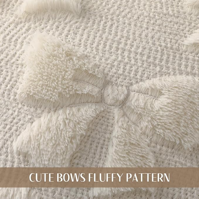 Mixweer Beige Bow Pillow Covers Set of 2 Preppy Room Decor Coquette Cute Spring Summer Decorative Faux Fur Soft Bowknot Stuff Fluffy Plush Aesthetic Pillowcase for Bed Sofa Couch (20 x 20 Inch)
