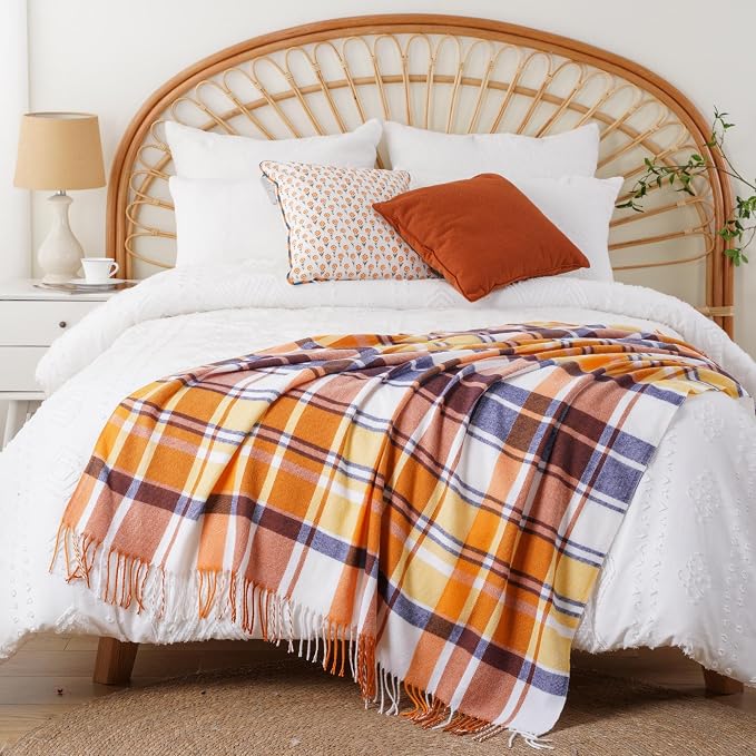 Fall Plaid Throw Blanket for Couch Bed, Mustard Throw Blanket, Fall Decor | 50x60in, Orange Fall Blanket, Woven Throw with Tassels, Buffalo Checkered Plaid Blankets and Throws Farmhouse Style for Home