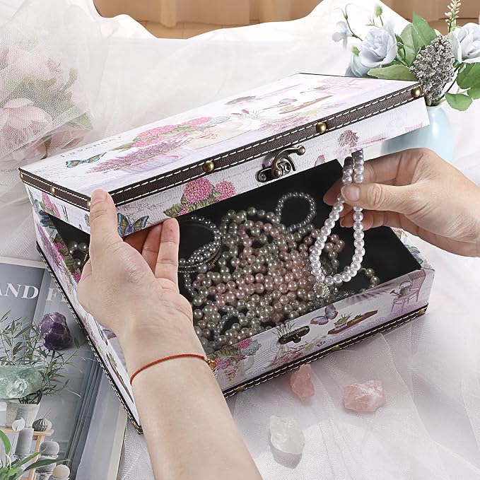 ELLDOO Wooden Treasure Chest Box, Wooden + PU Leather Storage Decorative Box for Jewelry Trinkets Photos, Vintage Rectangular Keepsakes Box for Girls Women Gifts