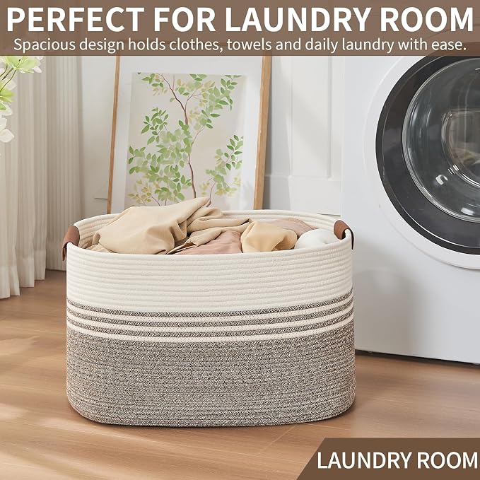 DOFASAYI Laundry Hamper with Handles, 72L Rope Laundry Basket, Brown | Cotton rope clothes hamper with leather handles holds blankets, pillows, toys and laundry in nursery, bedroom or living room