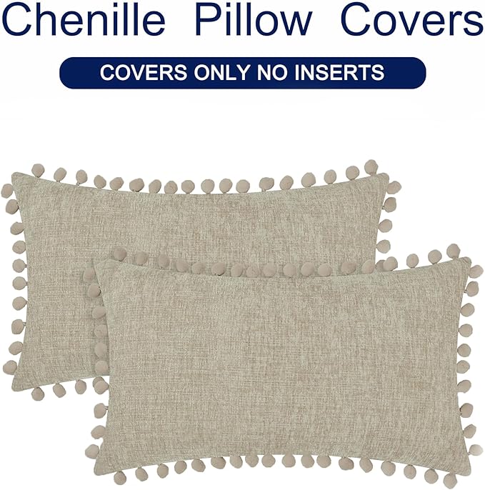 CaliTime Decorative Couch Throw Pillow Covers 20 X 12 Inches Taupe | Pack of 2, Cozy Chenille Cushion Cases, with Pom Poms for Sofa Bed Living Room Farmhouse Home