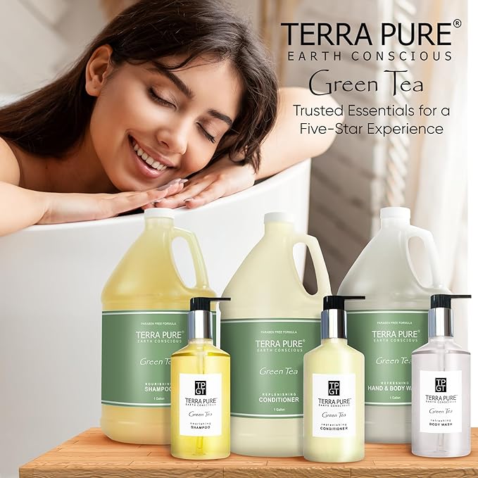 Terra Pure Gallon & Dispenser Set | 1-Shoppe All-In-Kit | Shampoo Conditioner Body Wash Gallon | Refillable 10.14 oz. Matching Pump Bottles