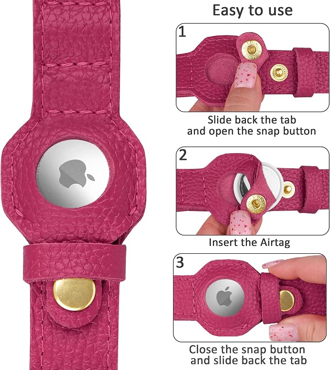 Leather Airtag Dog Collar - Soft Tracking Dog Collar with Apple AirTag Holder and Metal Buckle - Safety GPS Pet Collars for Small Medium Large Dogs Puppy Pink Red (Pink, L, 17"-21" Neck Fit)