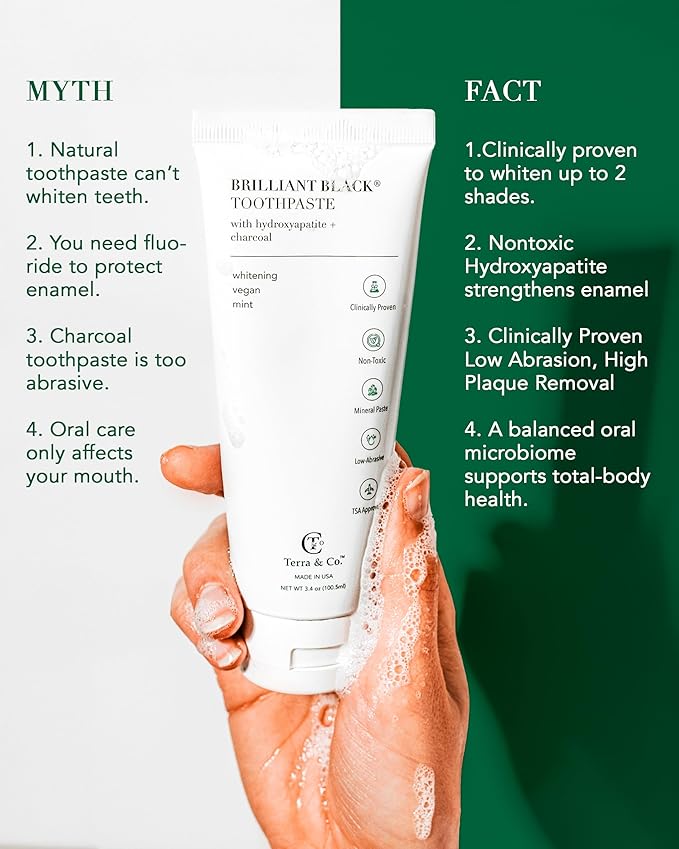 Terra & Co. Brilliant Black Hydroxyapatite Toothpaste for Whitening Teeth – USA-Made - Natural Remineralizing Toothpaste, Fluoride-Free, Vegan, SLS-Free, Low Abrasion – Mint, 3.4 oz