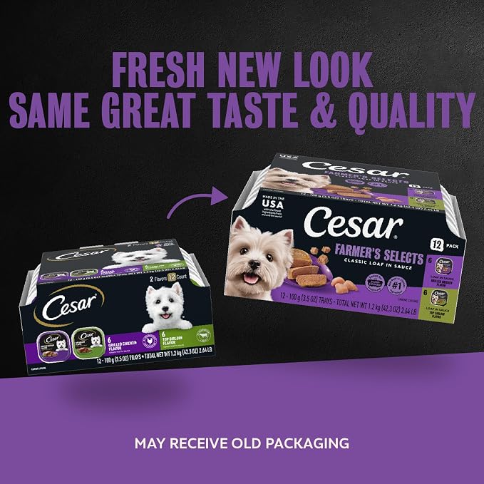 Cesar Classic Loaf Wet Dog Food, Farmer's Selects, 3.5 oz, 12 Count, 2-Pack | Made in USA, Grilled Chicken & Top Sirloin flavors, real chicken or beef #1 ingredient, easy peel trays, complete & balanced
