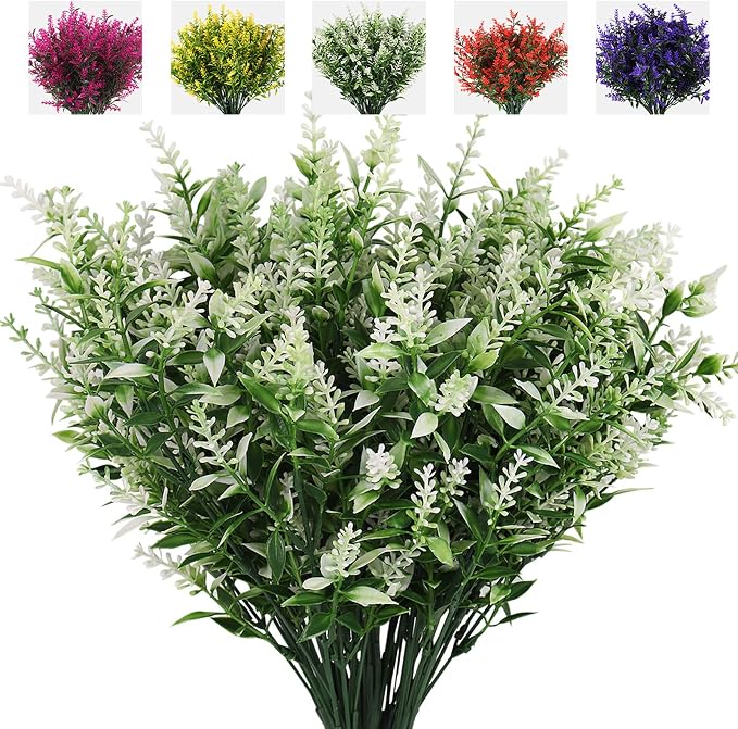 RECUTMS Artificial Plants Lavender, 8 Bundles Outdoor UV Resistant Greenery | Faux White Flowers For Outdoor Planters Fake Shrubs Simulation Plants Filler Indoor Outside Hanging Planter Home Garden Decor