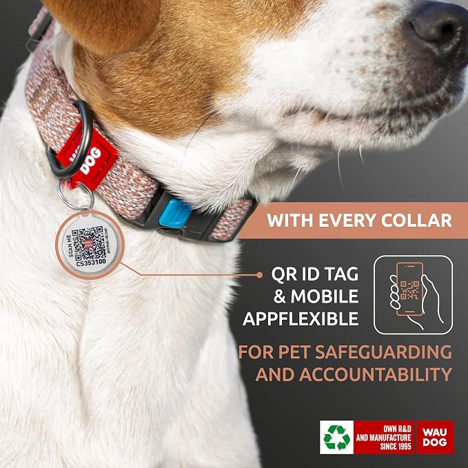 WAUDOG Reflective Cotton Dog Collar Eco-Friendly Alt to Nylon Collar for Small Medium and Large Dogs - Pet Collar with QR ID Tag - Puppy Collar for Large Breed Dogs - Adjustable Male Female Dog Collar