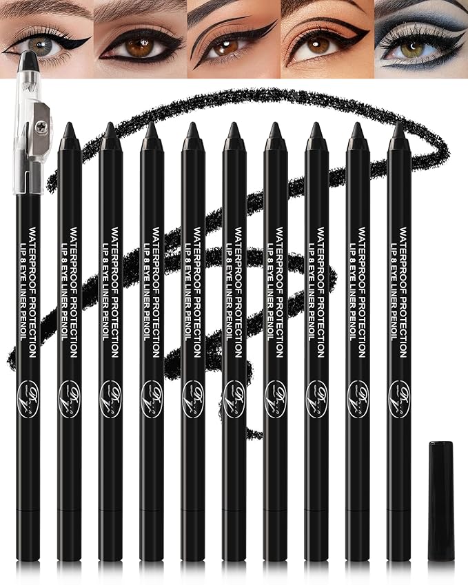 10 Pcs Gel Eyeliner Pencil Set, Black Waterline Waterproof Eye Liner Pencils for Older Women, Long Lasting Smudge Proof Eyeliner Pen Eyeshadow Stick Pack, Matte Creamy Makeup Pen with Sharpener-Set A