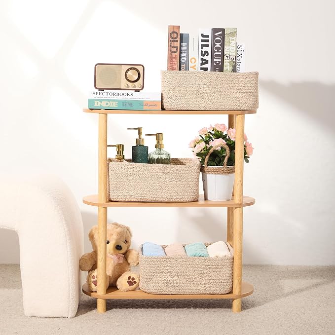 MiniArk Small Storage Baskets for Organizing | Closet Organizer Bins | Shelf Toy Basket | Woven Rope Baskets | Cube Decorative Box | Shallow Basket | 13x8.5x5.1” | 4 Packs Mixed Brown