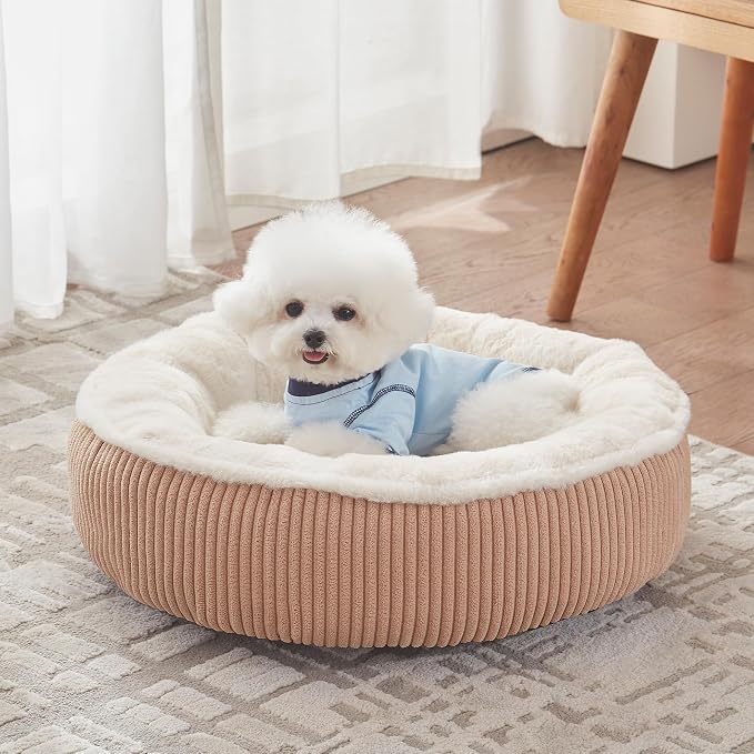 23 inches Calming Donut Dog Bed for Small Dogs,Brown | Round Puppy Pet Bed with Removable&Washable Cover,Plush Faux Fur & Corduroy, Fits Pets up to 15 lbs