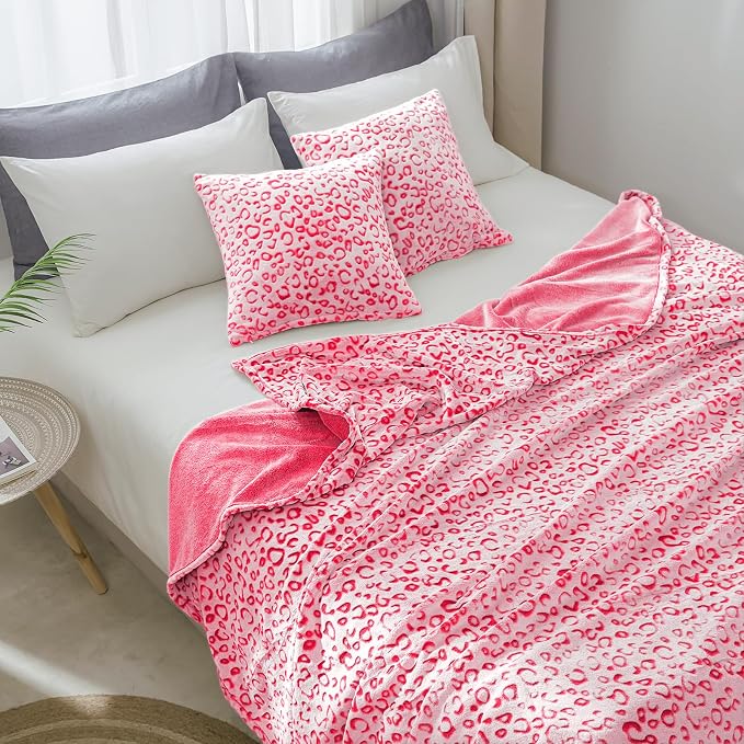 Flannel Fleece Leopard Print Throw Blanket Super Soft Lightweight Fluffy Twin Blankets for Couch, 90"X108",Hot Pink