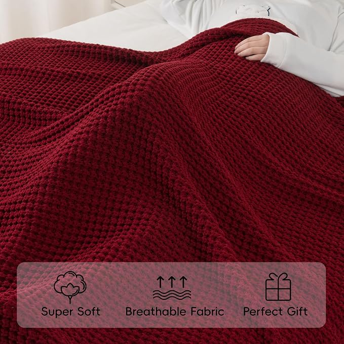 Red Throw Blanket for Couch, Soft Cozy Knit Waffle Throw Blanket 50"x60" | Chunky Chenille Throw Blanket, Decorative Christmas Throw Blanket for Bed Sofa Gifts,Modern Farmhouse Knitted Style