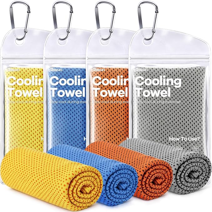 ROXUN 4 Pack Cooling Towels, 40''x12'' Soft Breathable Chilly Neck Ice Rags | Workout Running Golf Gray+Blue+Orange+Yellow