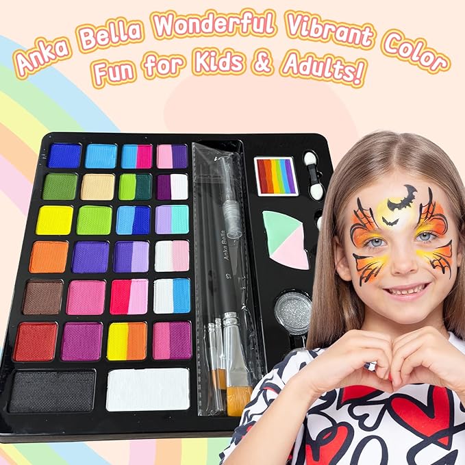 Anka Bella Professional face painting kit for kids，Hypoallergenic & Non-Toxic water based face paint include 26 split cake/1 rainbow cake,Gift for Birthday Parties/Halloween/Carnival