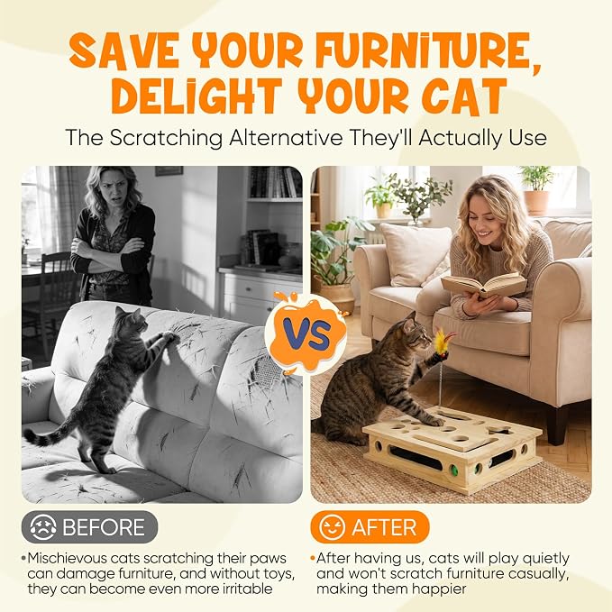 SENNOVI Large Wooden Cat Puzzle Feeder & Scratcher Box, Interactive Toy