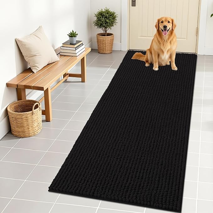 OLANLY Dog Door Mat for Muddy Paws 70x24, Extra Absorbent Chenille Mud Mat | Black, Absorbs Moisture and Dirt, Non-Slip Machine Washable Doormat, Quick-Drying Indoor Entryway Floor Mat for Dogs
