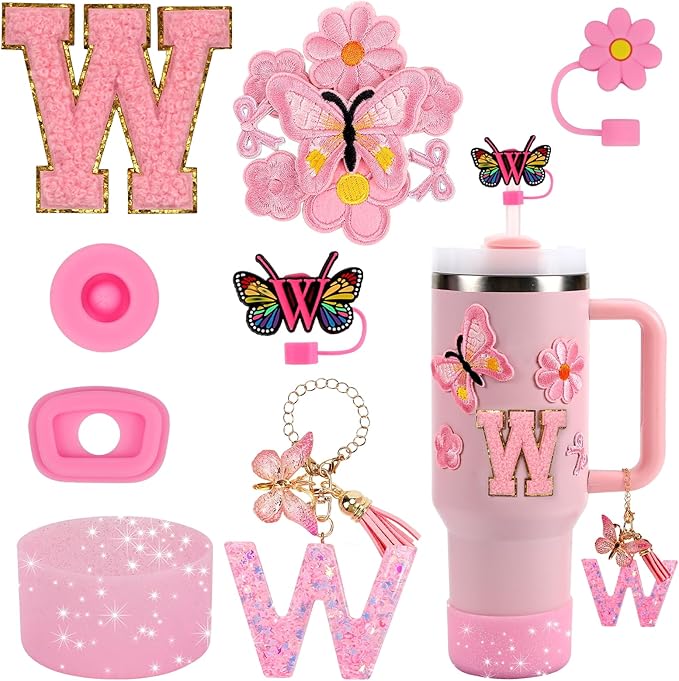 15PCS Cup Accessories Set for Stanley Cup 30oz 40oz Tumbler with Handle, Including Silicone Straw Cover and Boot, Spill Proof Stopper, Stanley Charms, Handle Charm, Initials Sticker