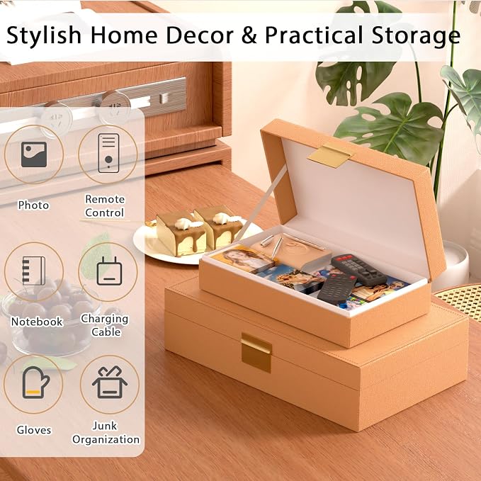 Decorative Storage Box Set of 2, PU Leather Organizer for Home Decor Brown | Multi-Purpose Beautiful Decorative Container with Lids Store Photos, Documents, Memory Box Keepsakes Collect, ideal for Gifts