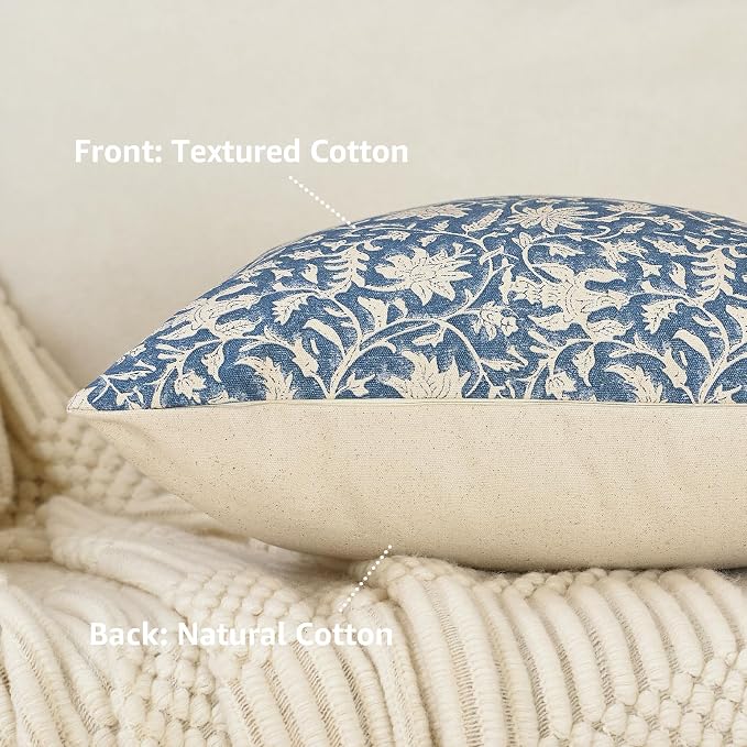 FIOUOVO Floral Throw Pillow Covers 24x24 Farmhouse Block Print Pillow Covers Decorative Pillow Covers Couch Pillows for Living Room Vintage Accent Sofa Pillows Set of 2, Vintage Blue