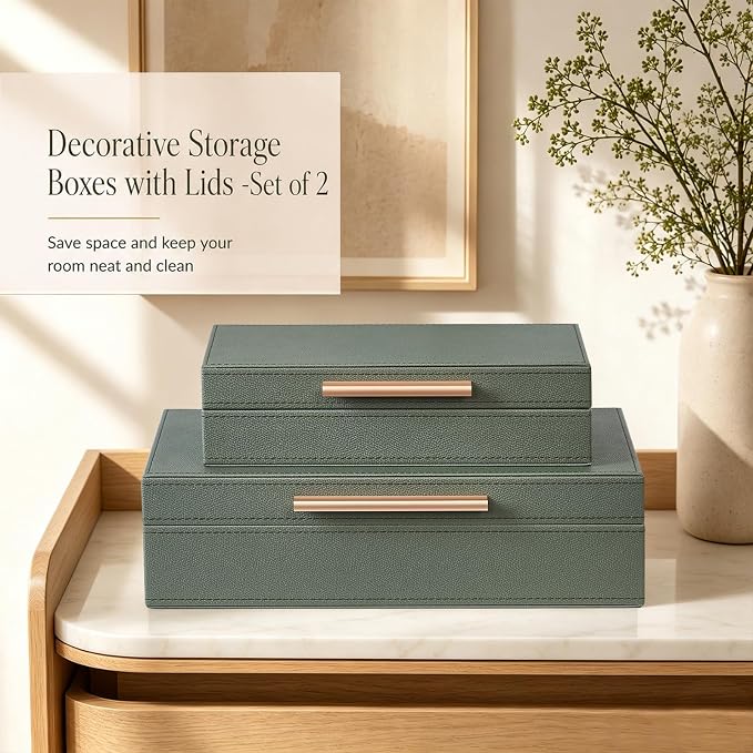 Decorative Box, Decorative Boxes with Lids 2-Set, Memory Box for Keepsakes | Beautiful PU Leather Decorative Storage Boxes in Style, Decor Box with Rose Metal Handle, Store Photos, Documents Green