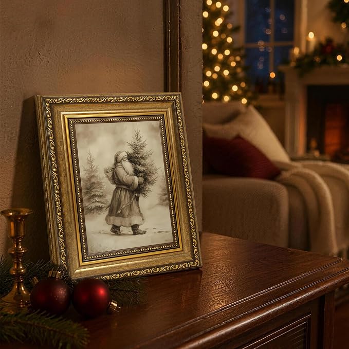 Fantasy Artists Christmas Framed Canvas Wall Art, Vintage Santa Claus Carrying Christmas Tree Gold Frame Print, Classic Holiday Wall Decor for Living Room Bedroom Entryway, Ready to Hang, 8" Wx10 H
