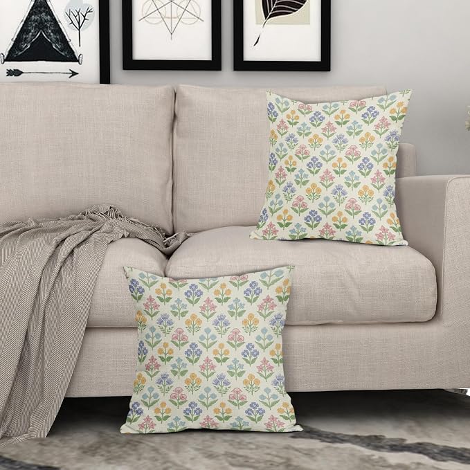 Spring Floral Easter Block Print Pillow Covers 20x20 Inch Set of 2, Pink Yellow Blue Purple Flower Holiday Decorative Throw Pillowcases Outdoor Farmhouse Cushion Covers Sofa Couch Bed Decor
