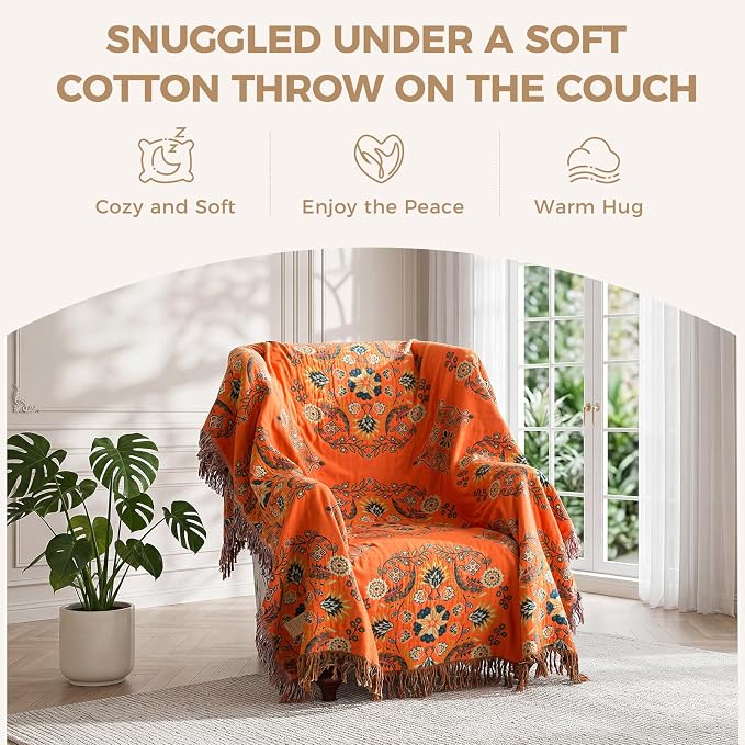 LUTBM Boho Throw Blanket for Bed 60"x80", 100% Cotton Orange Couch Blankets | Soft Reversible Floral Jacquard, All-Season, Twin Quilt for Chair Sofa Living Room, Lightweight & Breathable, Home Decor Gift