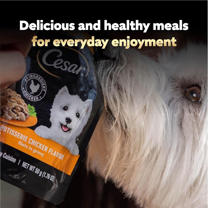 Cesar Mini-Pouch Wet Dog Food, Rotisserie Chicken, 1.76 oz, 20 Count | Real chicken #1 ingredient, protein-packed, no fillers or artificial flavors, easy peel-and-serve, slow-cooked tender texture