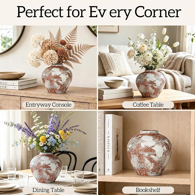 Ceramic Flower Vase Rustic Farmhouse Home Decor | 6.3 Inch Handcrafted Decorative Vase, Ideal Table Decor for Living Room, Wedding, Birthday Holiday