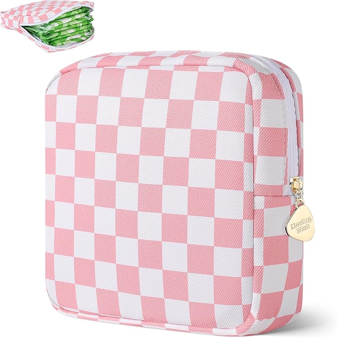 Sanitary Pad Storage Bag Portable Period Bag for Teen Pads/Sanitary Napkins/Small Tampons, Sanitary Napkin Storage Bag First Period Gifts for Teen Girls (Pink-White Checker)