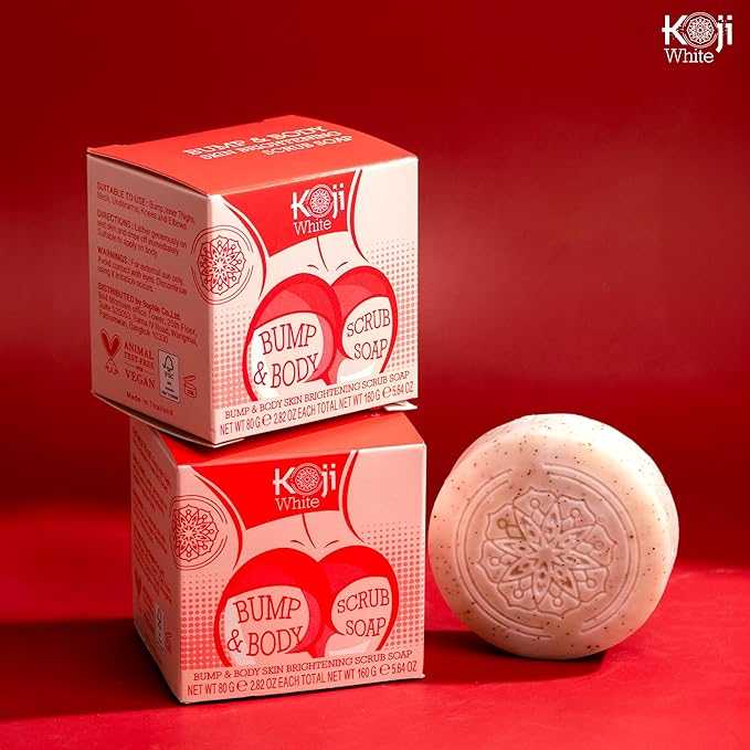 Koji White Kojic Acid Bump Eraser Body Scrub Soap for Exfoliation Butt, Elbow, Underarm with Glutathione, Coenzyme Q10, Skin Brightening for Fade Dark Spots, Fine Lines and Wrinkles, 2.82 oz (2 Bars)