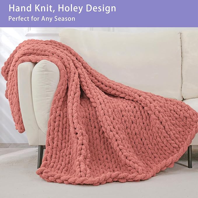 Bigacogo Chunky Knit Throw Blanket for Couch, 40x80 inches, Antique Red | Hand Knit with Jumbo Chenille, Soft Breathable Cable Knit for Sofa Bed Living Room, Machine Washable, Gift for Mom Friend