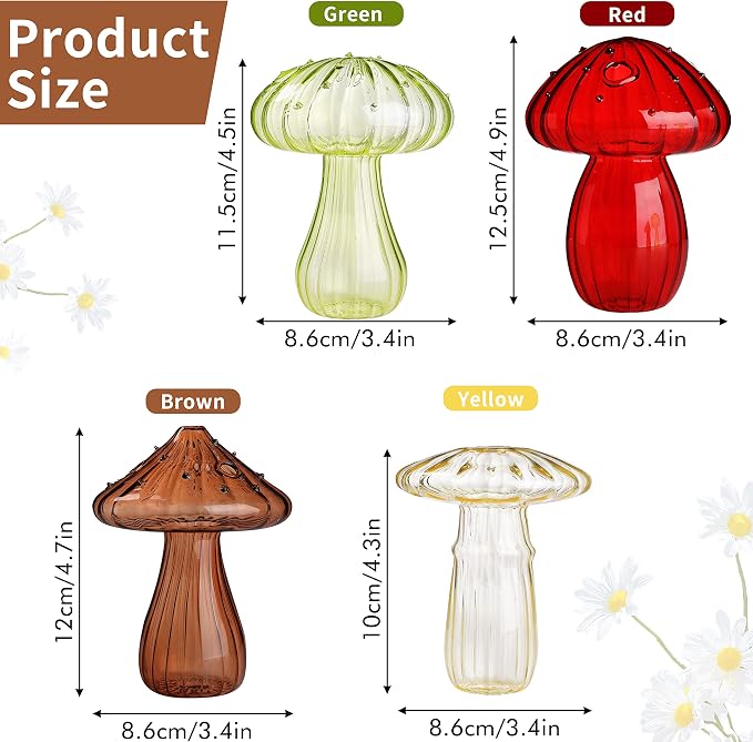 4 PCS Mushroom Shaped Glass Vase, Planters Clear Hydroponic Vase, Flowers Plants for Decorative Centerpiece,Table Decor,Home Wedding Party (4 Color)