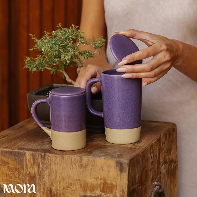 MORA Ceramics Large Tea Mug with Loose Leaf Infuser and Ceramic Lid, 18 oz, Portable, Microwave, Dishwasher Safe, Tall Coffee Cup - Rustic Matte Ceramic Glaze, Modern Herbal Tea Strainer, Nebula