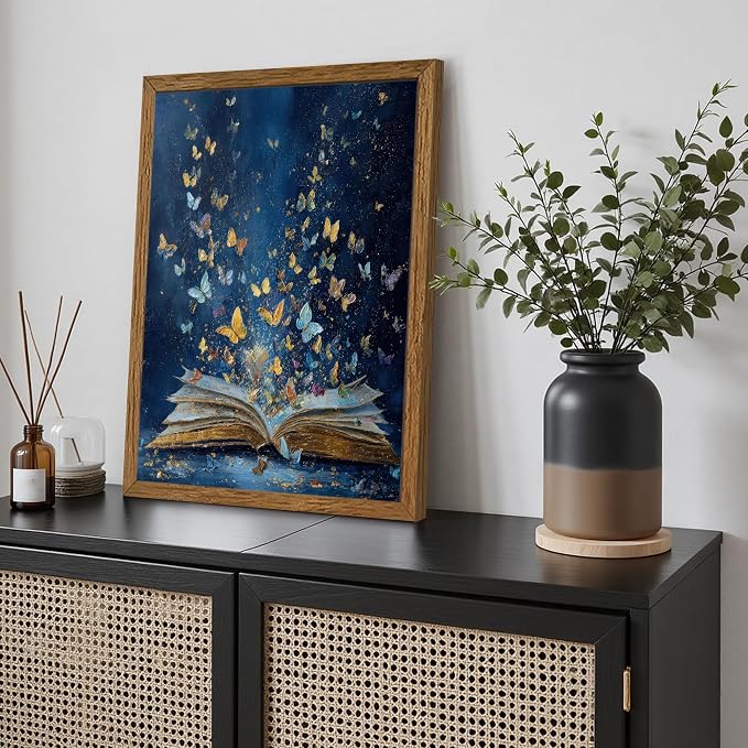 JLTULT Book Wall Art with Butterflies, Solid Wood-Framed Canvas, 16x24 in | Blue open-book art with butterflies on fade-resistant canvas and a ready-to-hang solid wood frame for bedrooms and studies