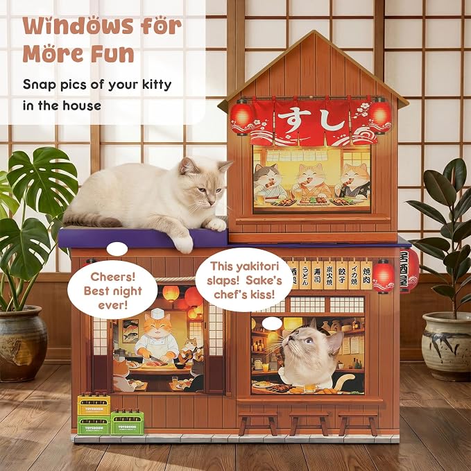 Cardboard Cat Houses for Indoor Cats Kitten Scratcher Houses Izakaya Themed | Cat Condos Hut Hideout Play House Bed with Scratching Pads, Scratch Box for Large Kitty Rabbit Bunny Small Animals