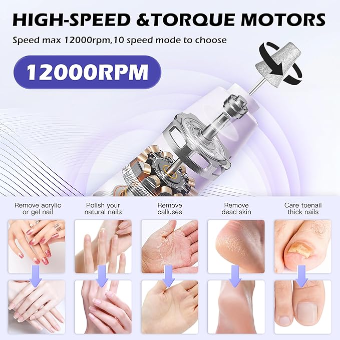 Floranurture Professional Manicure Pedicure Kit Electric Nail Grinder,10 Speeds Cordless Nail Drill with LED Light, Nail File with LED Display,Wider Grinder for Toenail Hand Feet Care for Women Men