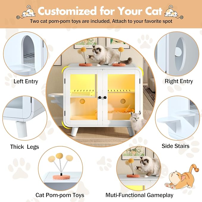 30.7 Inch Cat Litter Box Enclosure Furniture with Stairs, White | RGB LED Light, Dual Glass Doors, Litter Leak Walkway, Pom-Pom Toys, Side Stairs and 220 lb Top Capacity for Indoor Cat Care