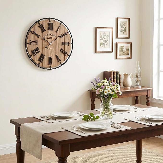 EMAX HOME Inch Modern Farmhouse Wall Clock, Warm Wood-Tone Dial with Black Metal Outer Ring, Silent Non-Ticking Quartz Mechanism, Raised Roman Numerals for Bedroom, Nursery, or Living Room Wall Art