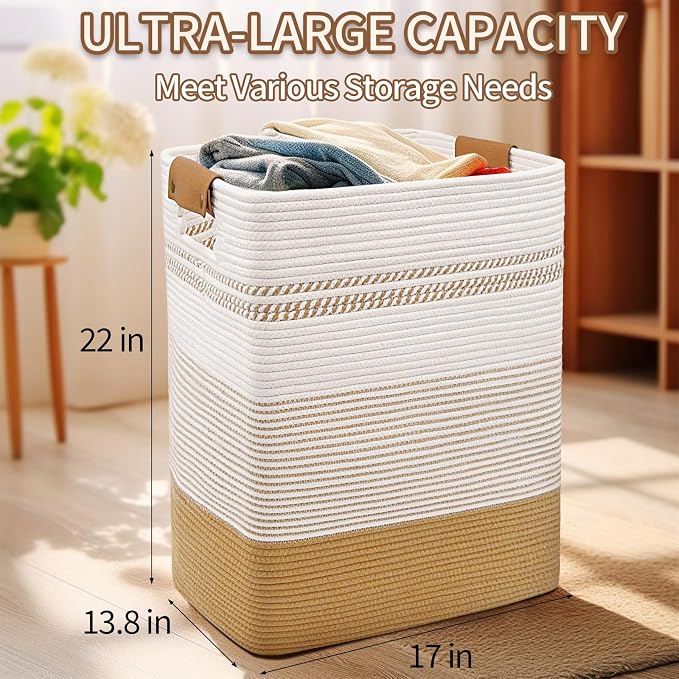 Laundry Hamper, 85L Cotton Rope Laundry Basket, Jute & White | Foldable nursery hamper with leather handles; store blankets, toys, baby clothes and laundry in bedroom or living room