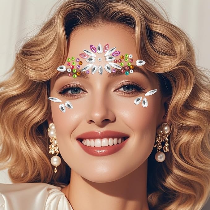 Erythem Face Gems for Women 7 Sheets Face Jewels Stick On Self Adhesive Rhinestones Stickers for Rave Carnival Music Festival Party
