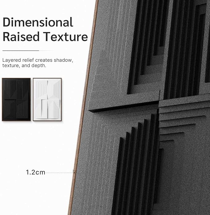 Thalasse Modern Abstract Wall Art Large Framed 3D Black White 24x36 In | Textured monochrome geometric relief, sandstone minimalist pictures, office hallway decor, 2 piece set