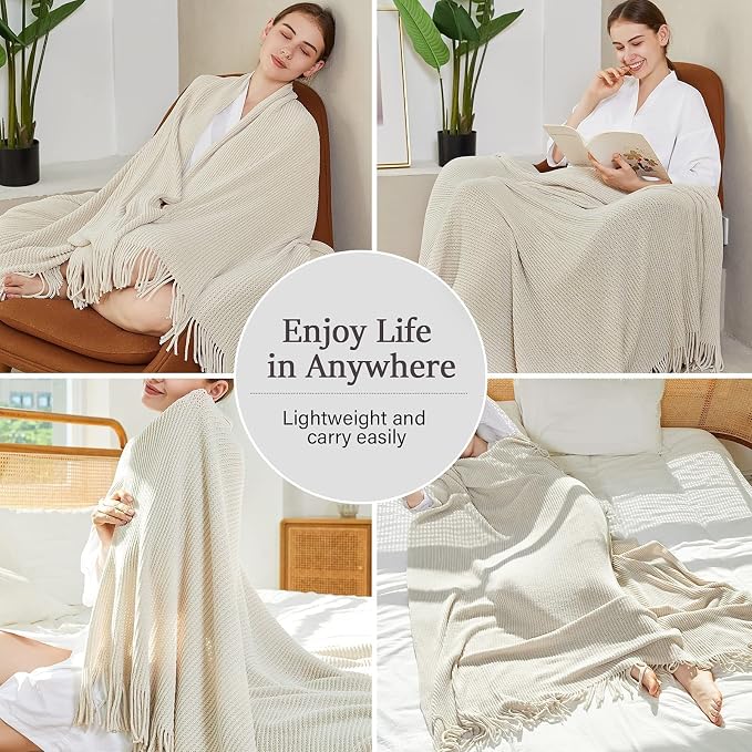 Blagic Chenille Throw Blanket for Couch and Bed,Off White,60"x80" | Soft Farmhouse Boho Throw Blanket with Tassels,Decorative for Living Room,Stripe Textured Throws for Bed/Chair/Sofa