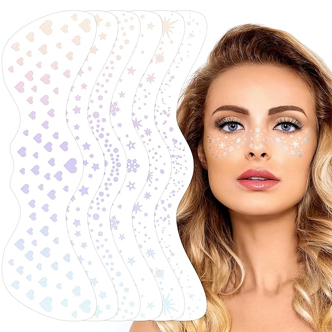 Glitter Freckles Face Tattoo, 6 Sheets Silver Face Glitter Temporary Tattoo Stickers, Sparkle Freckles Metallic Face Gems, Glitter Face Makeup Speckles Fake Tattoo for Women and Girls (silver)