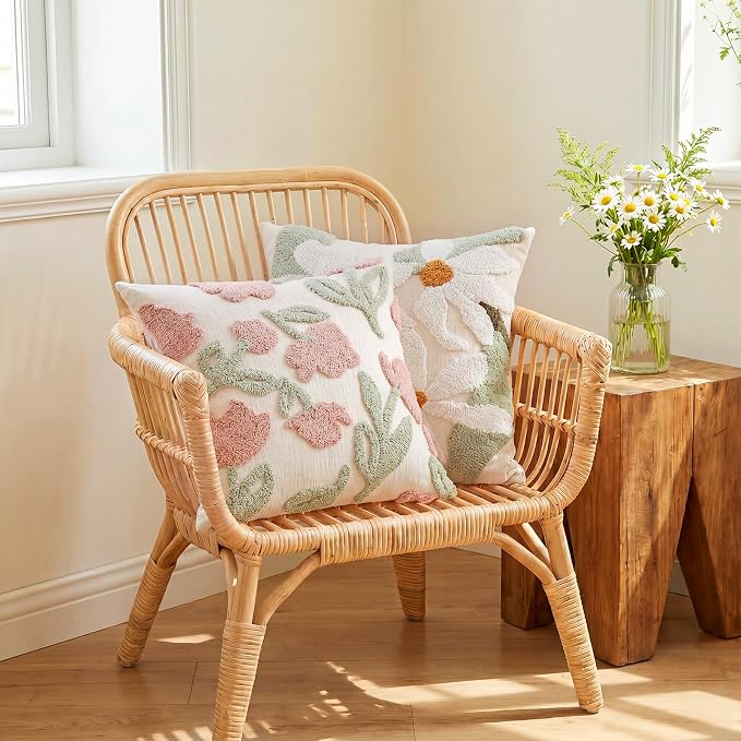 Summer Daisy Throw Pillow Covers 20x20 Inch Set of 2, Chenille Embroidered Pillowcase with 3D Tufted White Flowers Sage Green Leaves, Boho Decorative Cushion Covers for Couch Sofa Bed